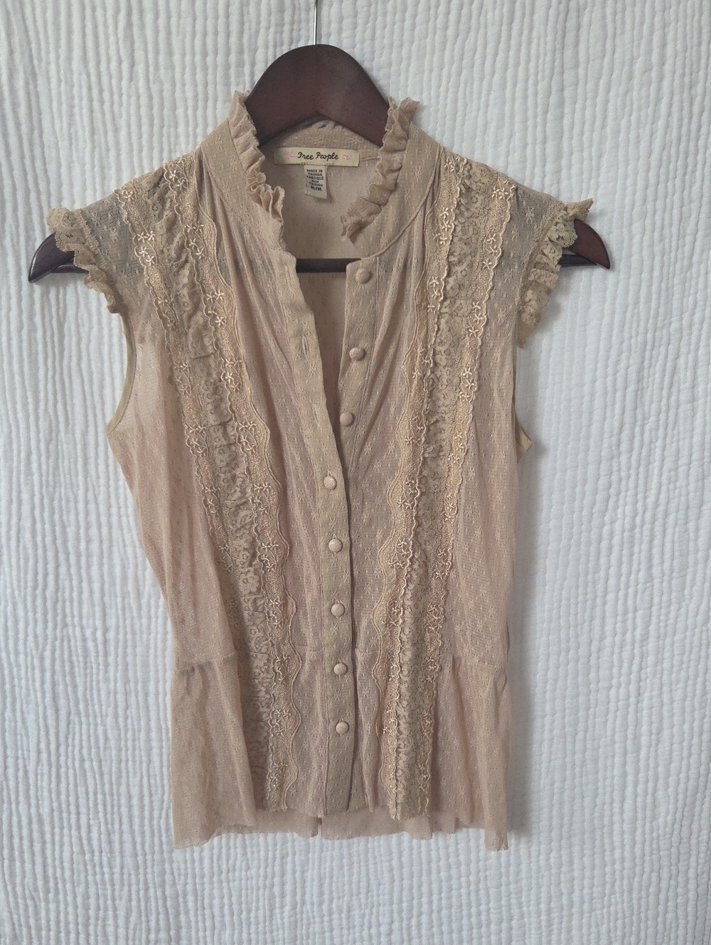 Free People Lace-Trim Ruffled Button Front Sleeveless Top - Beige